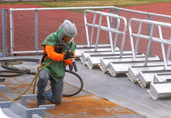 Worker sandblasting a steel beam on an elevated walkway